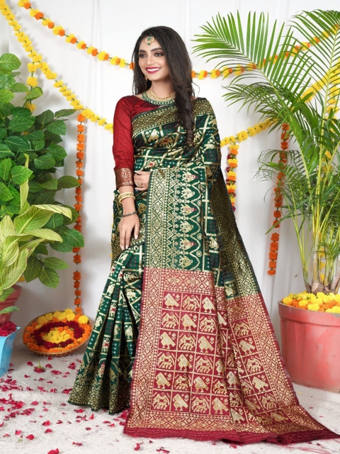 

VSaree Green & Red Woven Design Zari Pure Silk Patola Saree