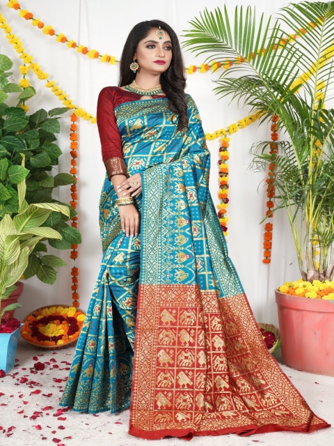 

VSaree Blue & Red Woven Design Zari Pure Silk Patola Saree
