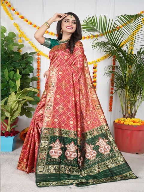 

VSaree Orange & Green Woven Design Zari Pure Silk Patola Saree