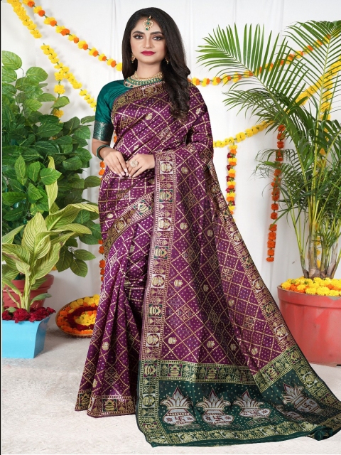 

VSaree Purple & Gold-Toned Woven Design Zari Pure Silk Patola Saree