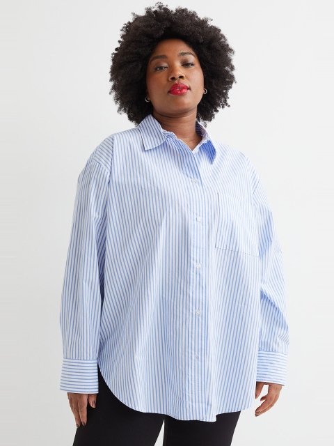 

H&M+ Women Blue Striped Oversized Pure Cotton Shirt