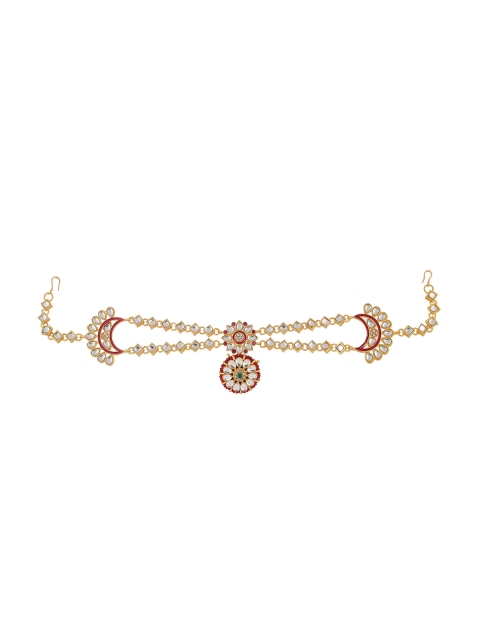 

Sanjog Gold-Plated Green & Red Kundan-Studded & Pearl Sheeshphool Matha Patti