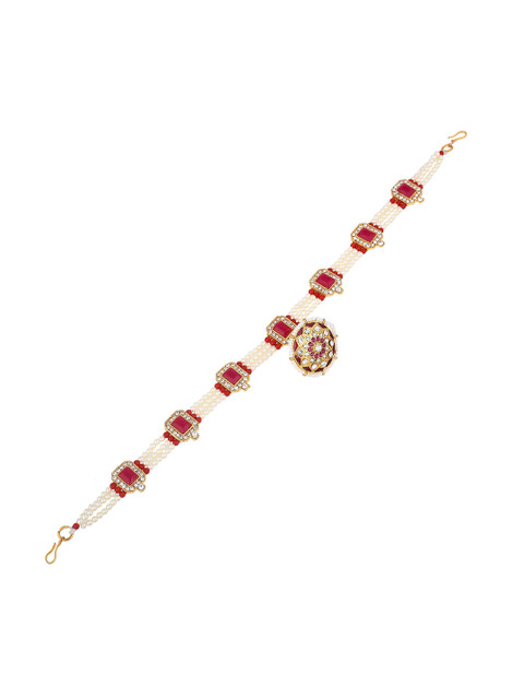 

Sanjog Gold-Plated White & Red Kundan-Studded & Pearl Beaded Sheeshphool