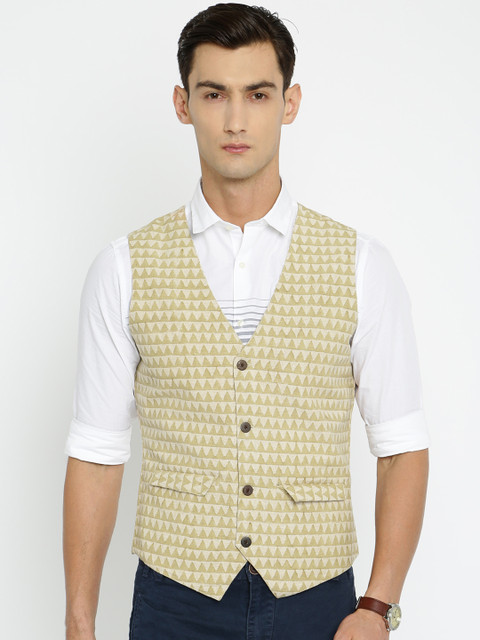 

indus route by Pantaloons Beige & Khaki Printed Pure Cotton Waistcoat