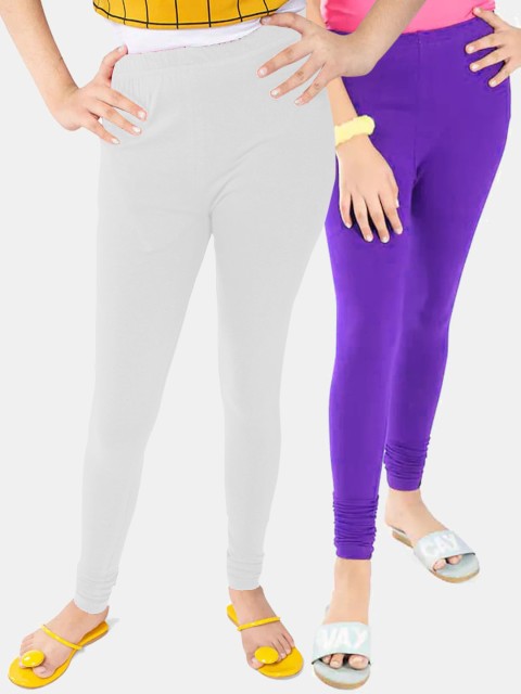 

FRENCH KLEIDER Girls set of 2 Purple & White Solid Churidar Length Leggings