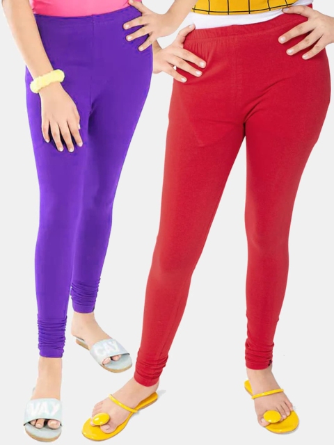 

FRENCH KLEIDER Girls Pack Of 2 Solid Ankle Length Pure Cotton Leggings, Red