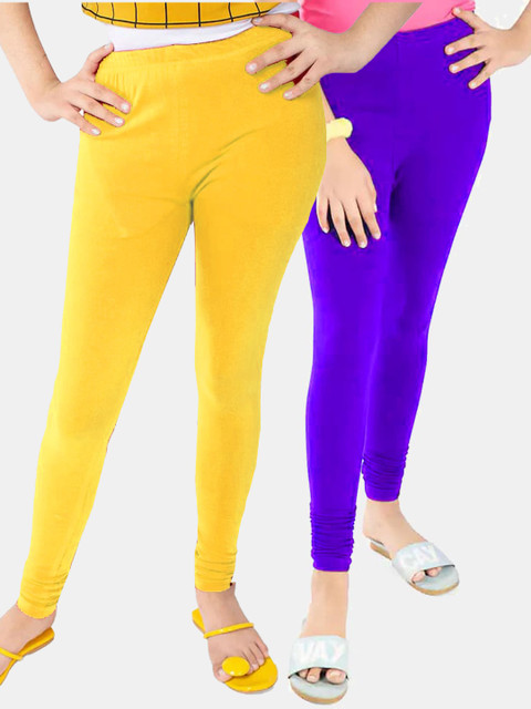 

FRENCH KLEIDER Girls Pack Of 2 Solid Pure Cotton Ankle Length Leggings, Yellow