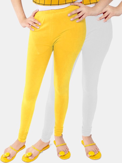 

FRENCH KLEIDER Girls Pack Of 2 Yellow & Grey Solid Pure Cotton Ankle-Length Leggings