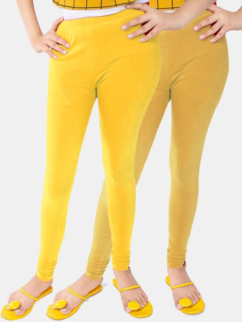 

FRENCH KLEIDER Girls Pack Of 2 Solid Pure Cotton Leggings, Yellow