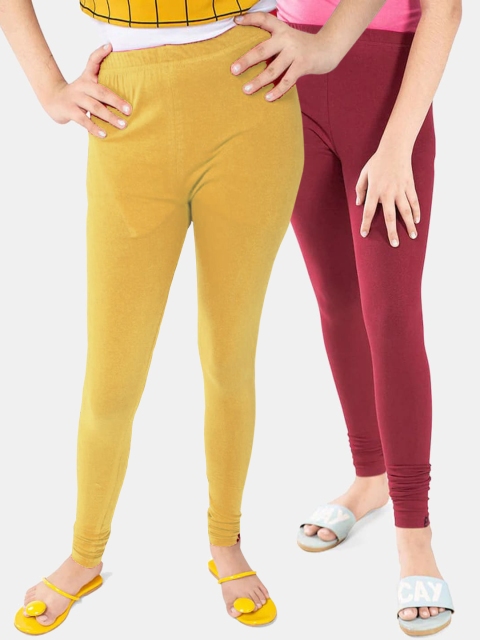 

FRENCH KLEIDER Girls Pack Of 2 Yellow & Maroon Cotton Ankle Length Leggings