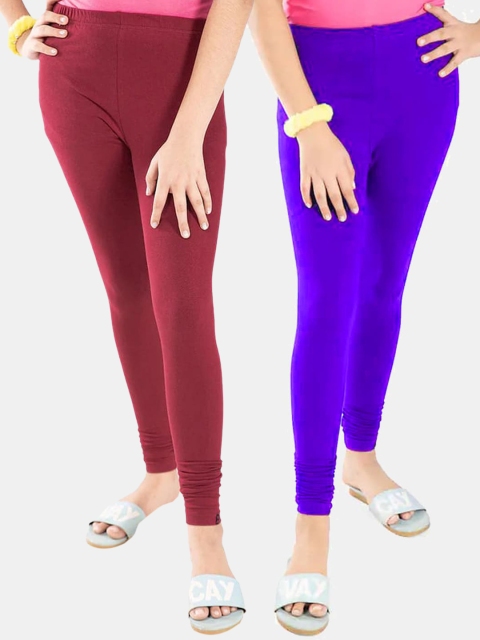 

FRENCH KLEIDER Girls Pack Of 2 Solid Ankle Length Pure Cotton Leggings, Blue