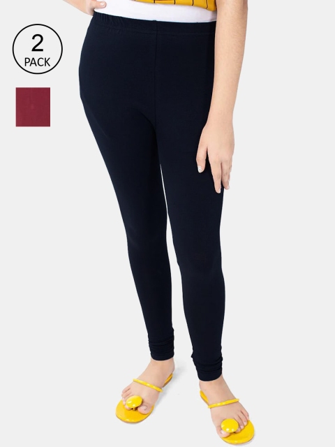 

FRENCH KLEIDER Girls Black & Maroon Pack of 2 Solid Cotton Churidar-Length Leggings