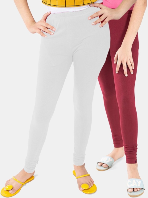 

FRENCH KLEIDER Girls Pack of 2 White & Maroon Solid Cotton Ankle-Length Leggings