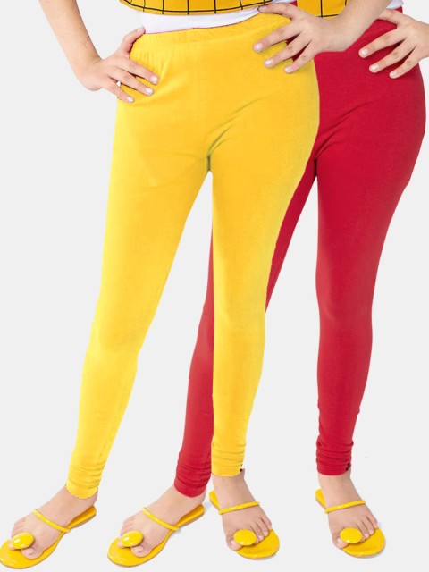 

FRENCH KLEIDER Girls Pack Of 2 Red & Yellow Solid Casual Pure Cotton Leggings