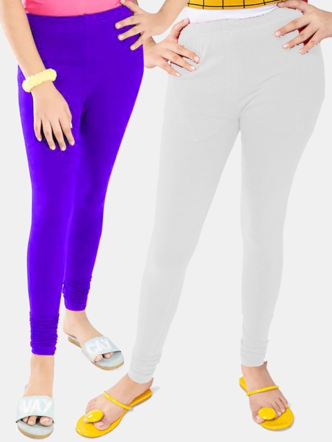 

FRENCH KLEIDER Girls Blue & White Pack of 2 Solid Cotton Churidar-Length Leggings