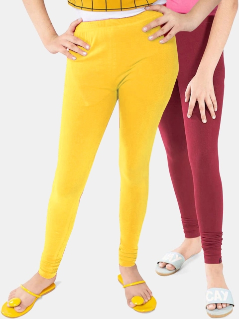 

FRENCH KLEIDER Girls Pack of 2 Yellow & Maroon Solid Cotton Leggings