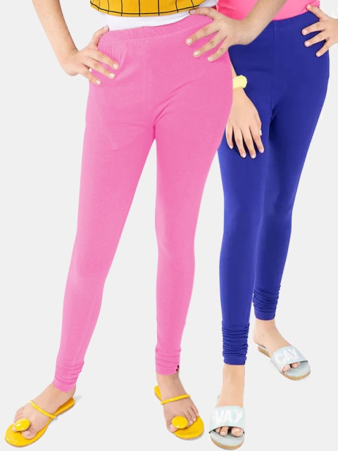 

FRENCH KLEIDER Girls Pink & Blue Pack of 2 Solid Cotton Churidar-Length Leggings