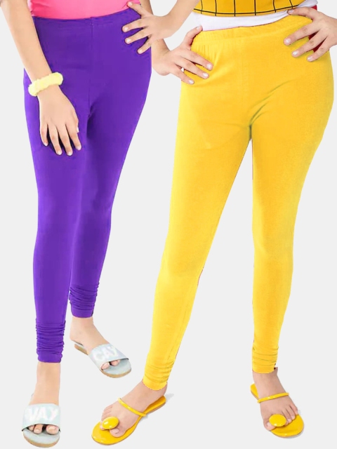 

FRENCH KLEIDER Girls Yellow & Purple Cotton Ankle Length Leggings Pack Of 2
