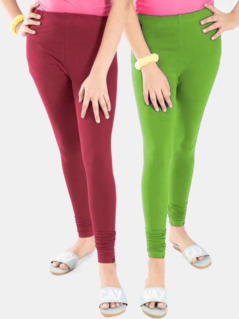

FRENCH KLEIDER Girls Pack of 2 Green & Maroon Solid Cotton Ankle Length Leggings