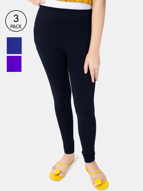 

FRENCH KLEIDER Girls Pack of 2 Black & Blue Solid Cotton Churidar-Length Leggings