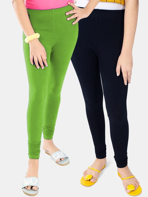 

FRENCH KLEIDER Girls Pack Of 2 Green & Black Cotton Ankle Length Leggings