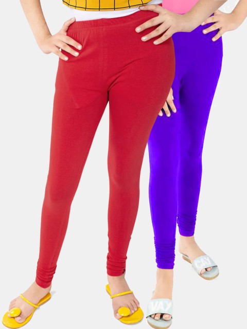 

FRENCH KLEIDER Girls Pack Of 2 Red & Blue Solid Casual Pure Cotton Leggings