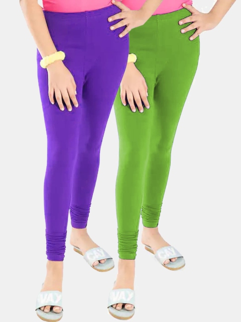 

FRENCH KLEIDER Girls Pack Of 2 Purple & Green Cotton Ankle Length Leggings