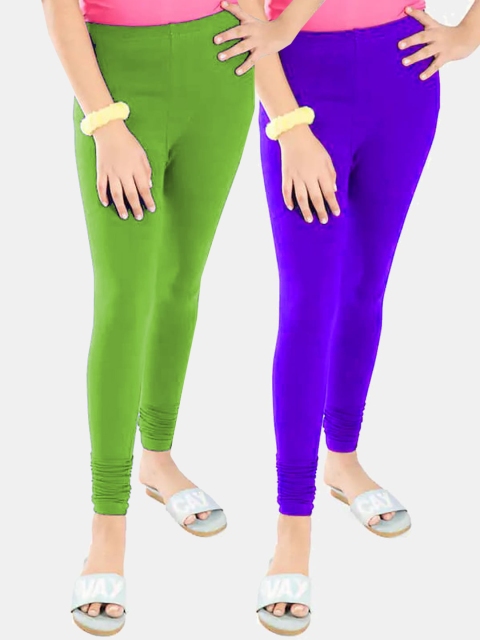 

FRENCH KLEIDER Girls Pack Of 2 Green & Blue Solid Casual Pure Cotton Leggings