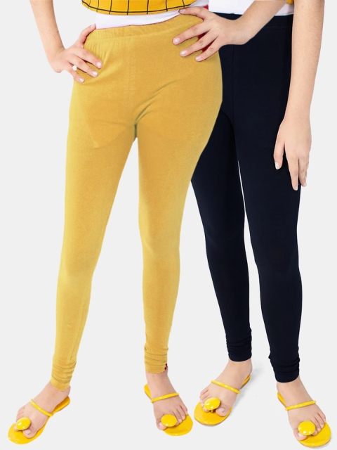 

FRENCH KLEIDER Girls Pack of 2 yellow and Black Solid Leggings