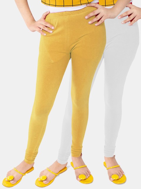 

FRENCH KLEIDER Girls White & Beige Pack of 2 Solid Cotton Churidar-Length Leggings