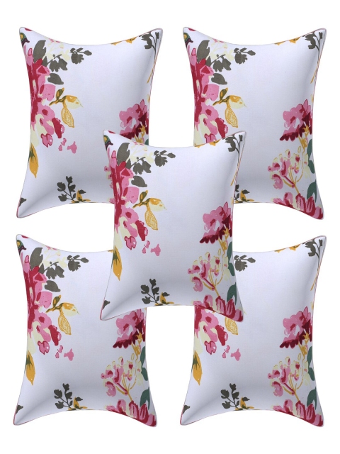 

INDHOME LIFE White & Peach-Coloured Set of 5 Floral Square Cushion Covers