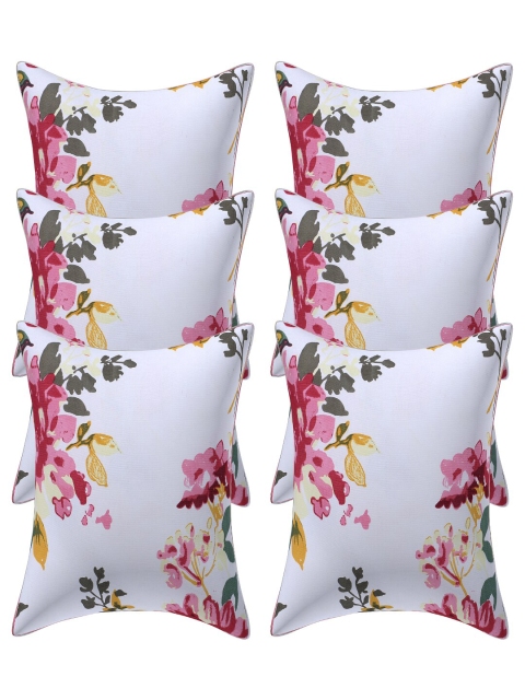 

INDHOME LIFE White & Green Set of 6 Floral Square Cushion Covers