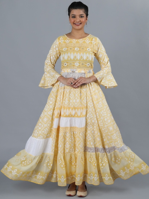 

taruni Women Yellow & White Bell Sleeves Thread Work Anarkali Kurta