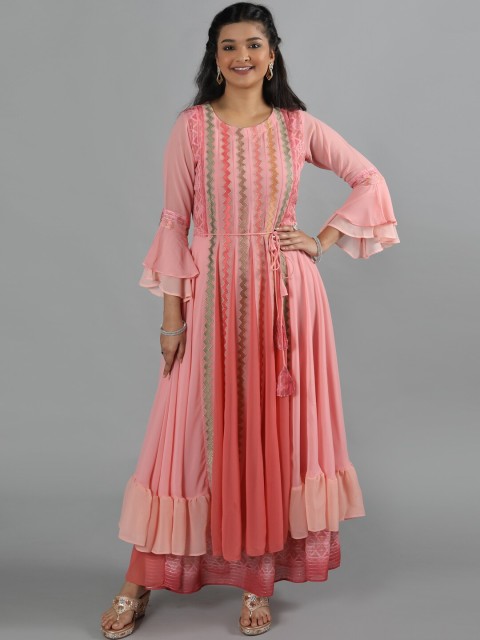 

taruni Women Peach-Coloured Embroidered Bell Sleeves Thread Work Georgette Anarkali Kurta