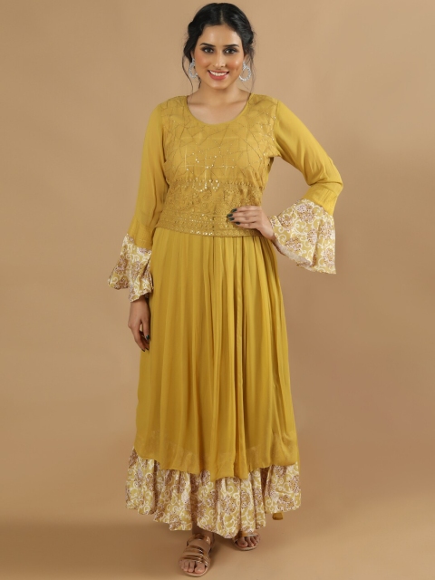 

taruni Women Mustard Yellow & White Embroidered Bell Sleeves Floral Georgette Kurta