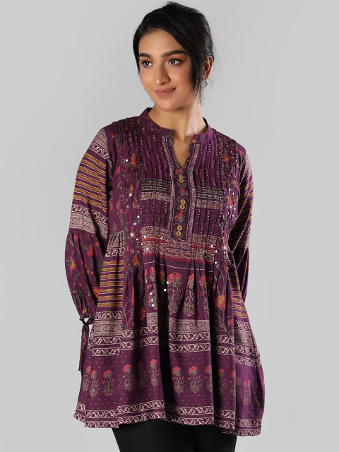 

taruni Purple Floral Printed V-Neck Modal Panelled Kaftan Kurti