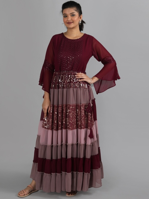 

taruni Women Maroon & Pink Floral Embellished Bell Sleeves Georgette Anarkali Kurta