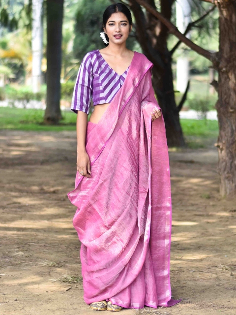 

Chidiyaa Purple & Silver-Toned Zari Pure Linen Saree
