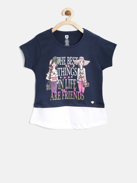 

612 league Girls Navy Printed Round Neck T-shirt, Navy blue