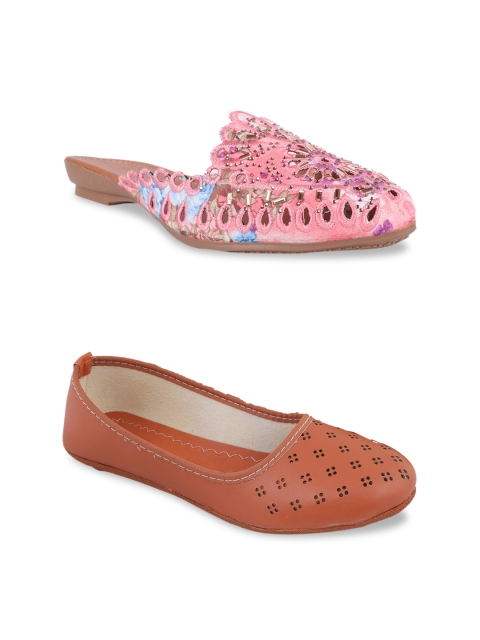 

FABBMATE Women Pack Of 2 Tan & Pink Laser Cuts Flats