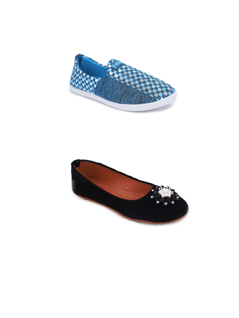 

FABBMATE Women Pack Of 2 Black & Blue Ballerina Flats