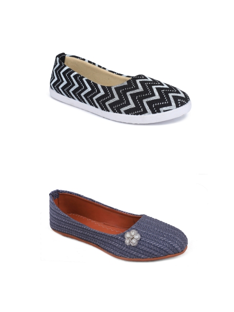 

FABBMATE Women Pack Of 2 Black & Grey Printed Laser Cuts Ballerinas Flats