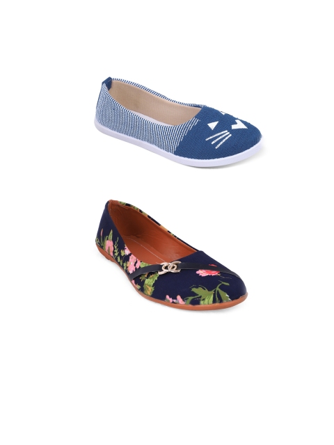 

FABBMATE Women Pack Of 2 Blue & Navy Blue Printed Ballerinas Flats