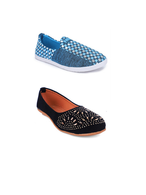 

FABBMATE Women Blue & Black Pack Of 2 Embellished Ballerinas Flats