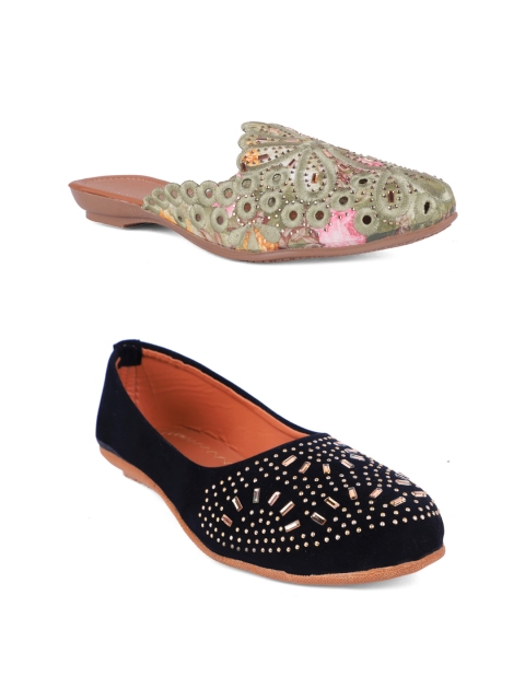 

FABBMATE Women Pack Of 2 Black & Beige Embellished Flats