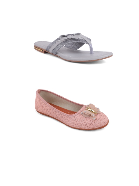 

FABBMATE Women Pack Of 2 Pink & Grey Bows Flats