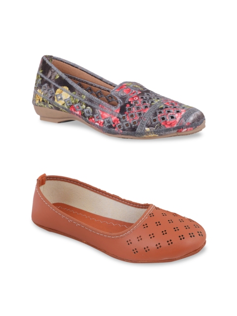

FABBMATE Women Grey & Brown Set of 2 Printed Laser cuts Ballerinas