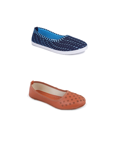 

FABBMATE Women Blue & Brown set of 2 Printed and Laser cut Ballerinas