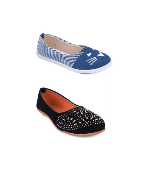 

FABBMATE Women Black & Blue pair of 2 Printed Embellished Ballerinas