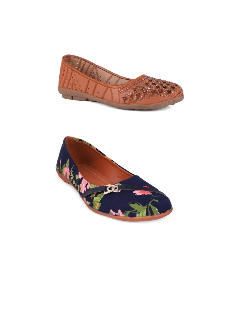 

FABBMATE Women Black & Brown Pair of 2 Printed Laser Cuts Ballerinas